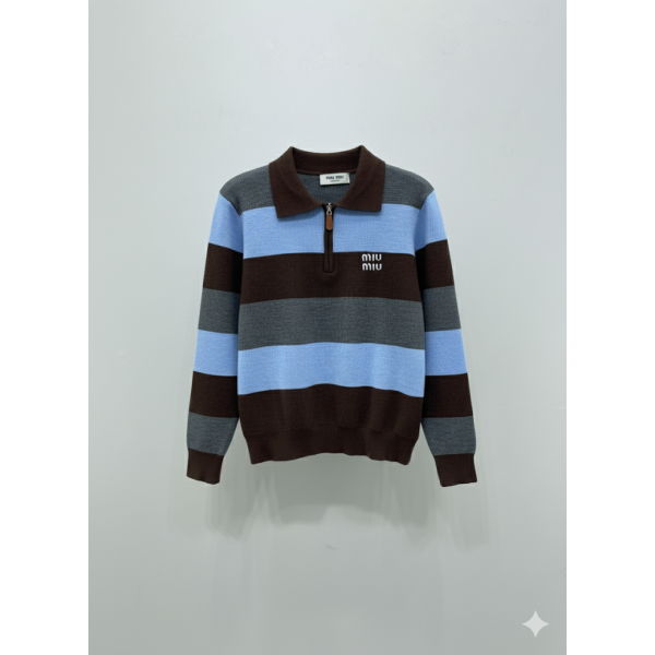 ミュウミュウ ストライプ ハーフジップ ニット トップ
