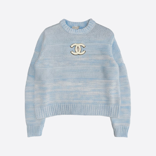 シャネル ライトブルー コットンニット CCロゴ クロップドセーター
