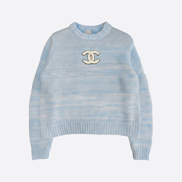 シャネル ライトブルー コットンニット CCロゴ クロップドセーター