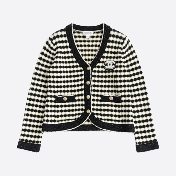 シャネル ブラック＆ホワイト チェック柄 CCロゴ カーディガン