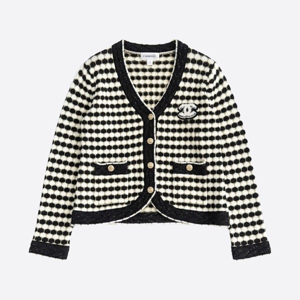 シャネル ブラック＆ホワイト チェック柄 CCロゴ カーディガン