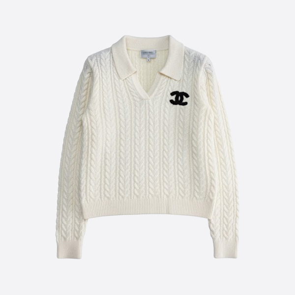 シャネル ケーブルニット CCロゴ 襟付きセーター ホワイト