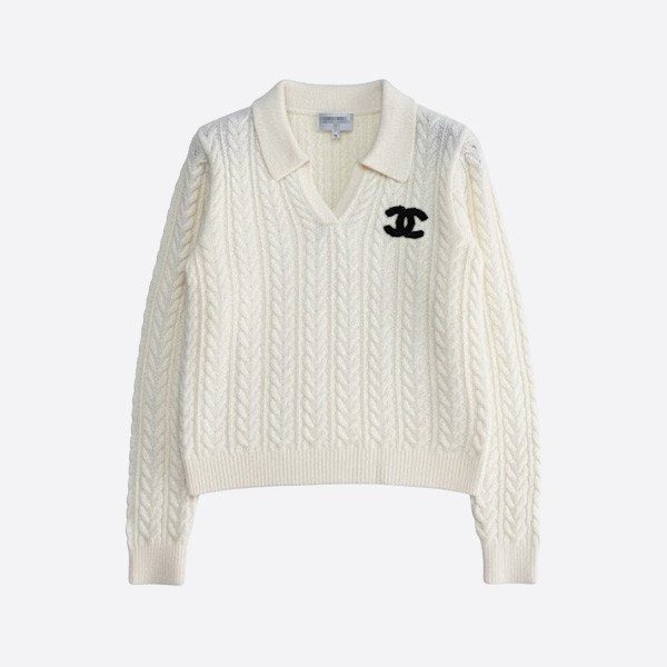 シャネル ケーブルニット CCロゴ 襟付きセーター ホワイト