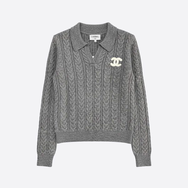 シャネル ケーブルニット CCロゴ 襟付きセーター グレー