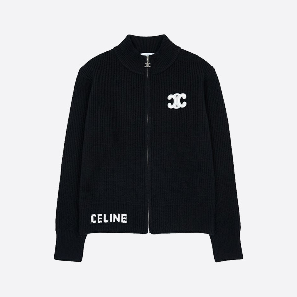 セリーヌ トリオンフ ウール ジップアップ ニットカーディガン ブラック