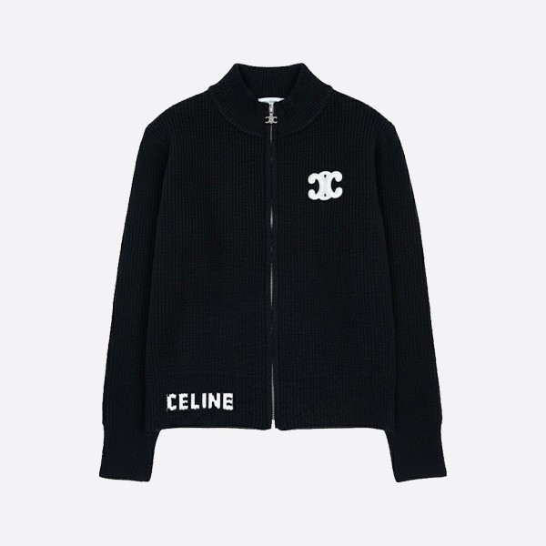 セリーヌ トリオンフ ウール ジップアップ ニットカーディガン ブラック