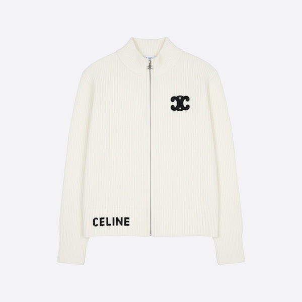 セリーヌ トリオンフ ウール ジップアップ ニットカーディガン ホワイト