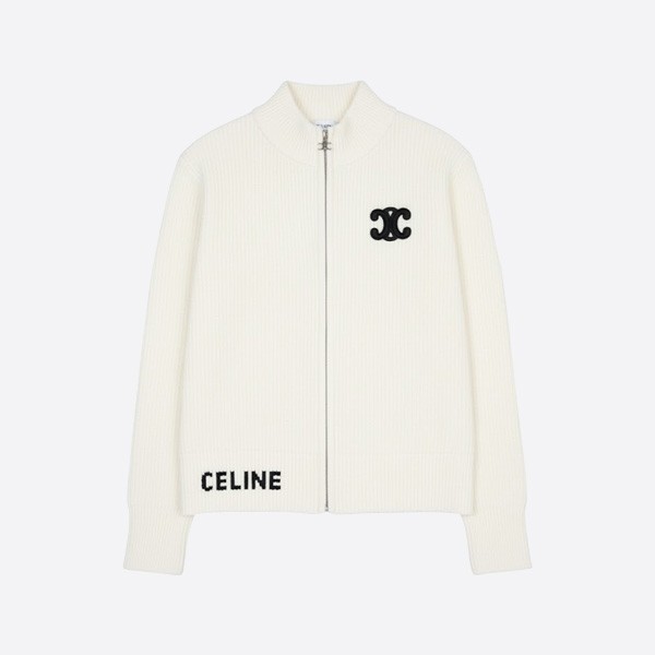 セリーヌ トリオンフ ウール ジップアップ ニットカーディガン ホワイト