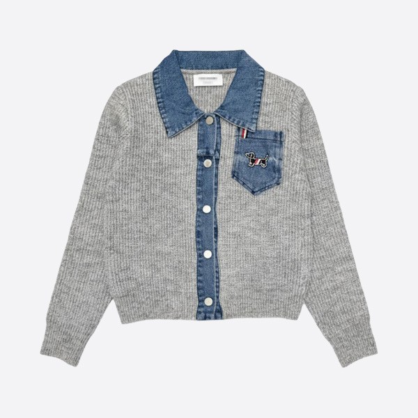 トム ブラウン デニムコンビ ウールカーディガン ダックスフント刺繍入り グレー