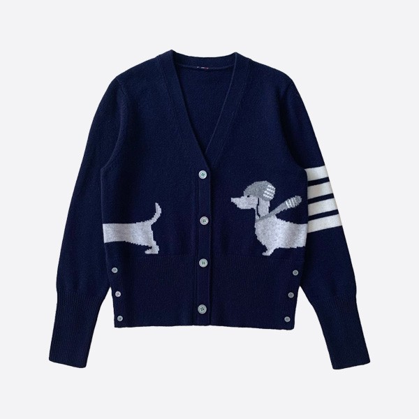 トム ブラウン 4バー ダックスフント インターシャ ウールカーディガン ネイビー