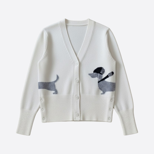 トム ブラウン 4バー ダックスフント インターシャ ウールカーディガン ホワイト