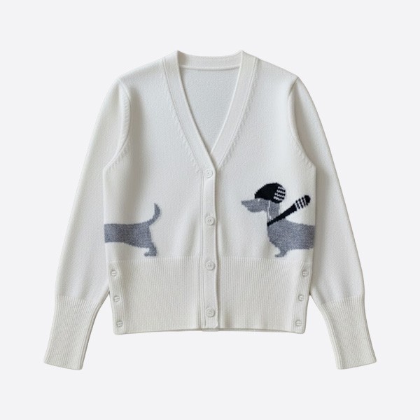 トム ブラウン 4バー ダックスフント インターシャ ウールカーディガン ホワイト