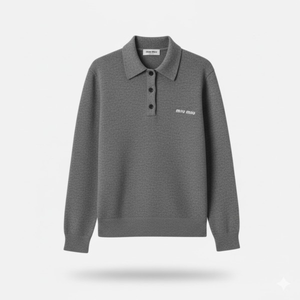 ミュウミュウ ロゴ ウールニット ポロシャツ グレー