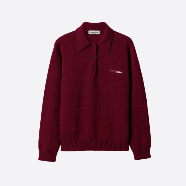 ミュウミュウ ロゴ ウールニット ポロシャツ バーガンディ