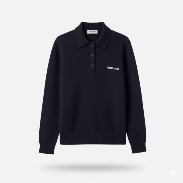 ミュウミュウ ロゴ ウールニット ポロシャツ ネイビー