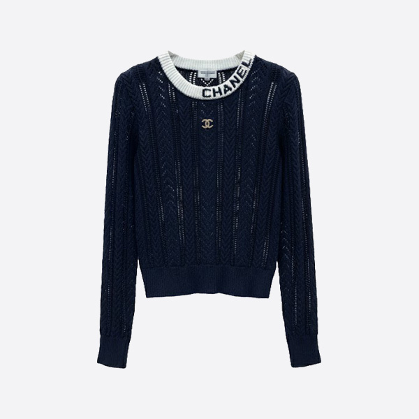 シャネル ロゴトリム オープンワーク ニットセーター ブラック
