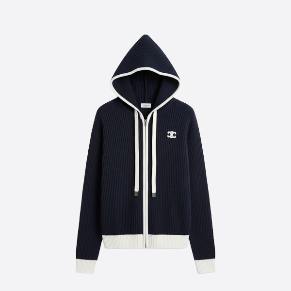 セリーヌ トリオンフ ロゴ リブウール ジップアップ フーディ ネイビー