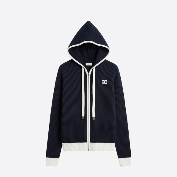 セリーヌ トリオンフ ロゴ リブウール ジップアップ フーディ ネイビー