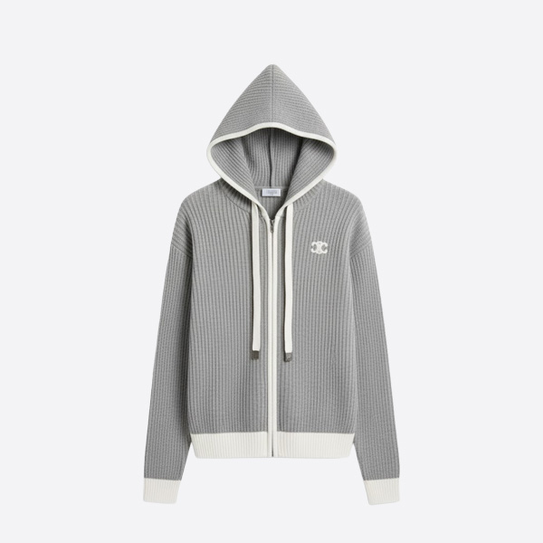 セリーヌ トリオンフ ロゴ リブウール ジップアップ フーディ グレー