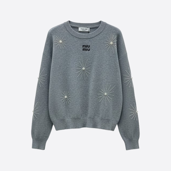 ミュウミュウ ロゴ クリスタル刺繍 ウールセーター グレー
