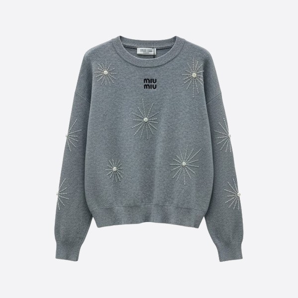 ミュウミュウ ロゴ クリスタル刺繍 ウールセーター グレー