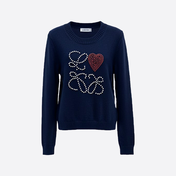 ロエベ アナグラム ハート クリスタル装飾 ウールセーター ネイビー