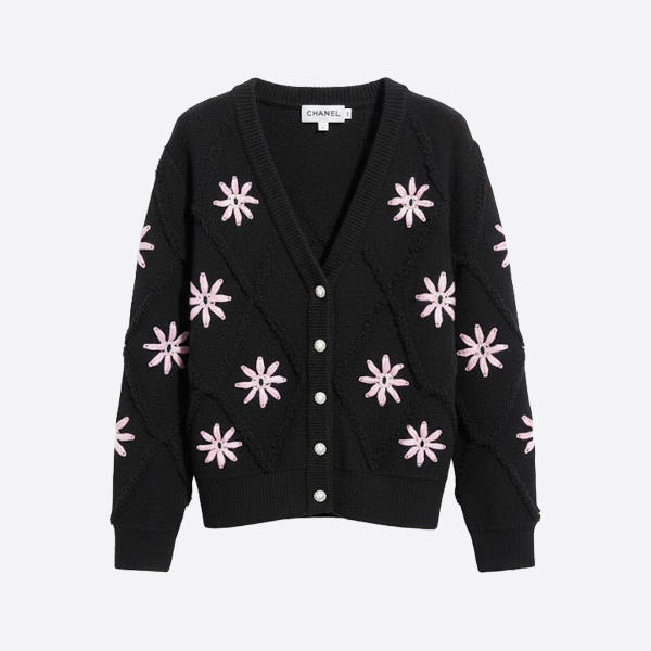 シャネル フローラル刺繍 ウールカーディガン ブラック