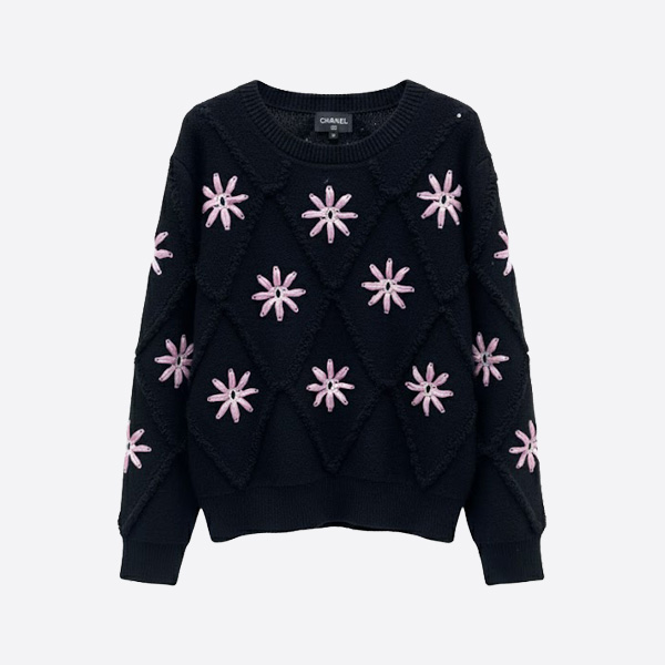 シャネル フローラル刺繍 ウールセーター ブラック