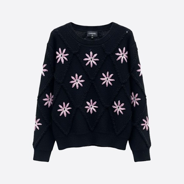 シャネル フローラル刺繍 ウールセーター ブラック