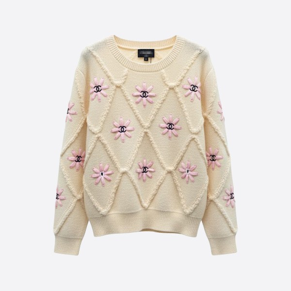 シャネル フローラル刺繍 ウールセーター アイボリー