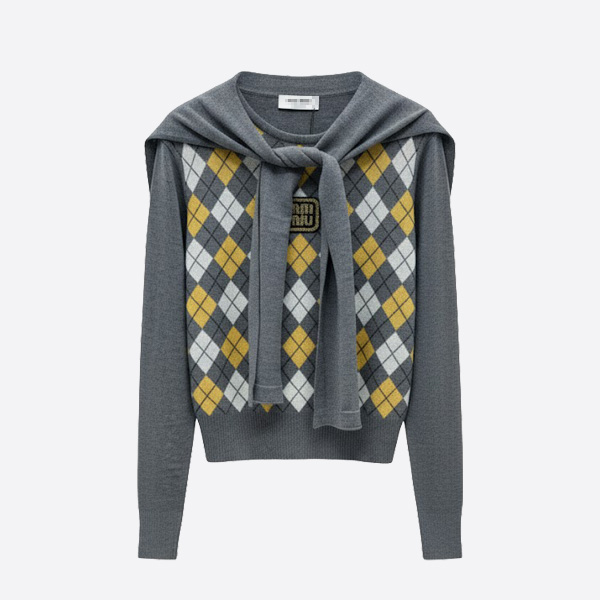 ミュウミュウ アーガイル ウールポロセーター グレー