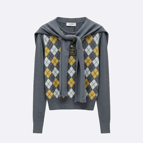 ミュウミュウ アーガイル ウールポロセーター グレー