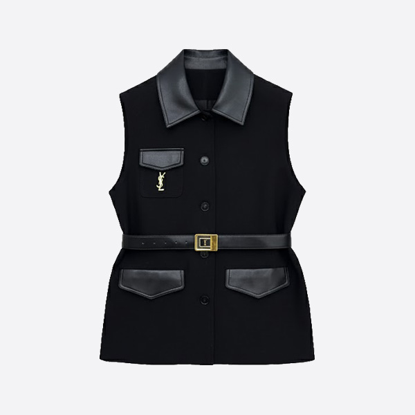 サンローラン レザーカラー ベルト付き ウールベスト ブラック