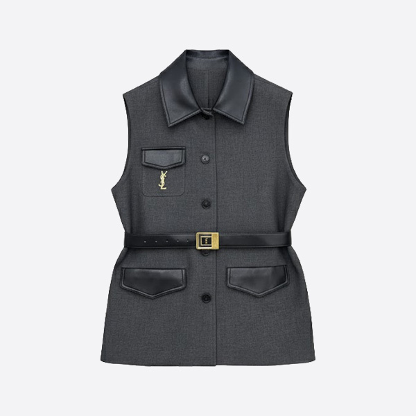 サンローラン レザーカラー ベルト付き ウールベスト グレー