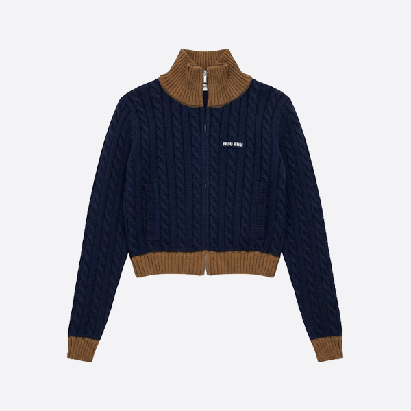 ミュウミュウ ツートン ケーブルニット ジップ カーディガン
