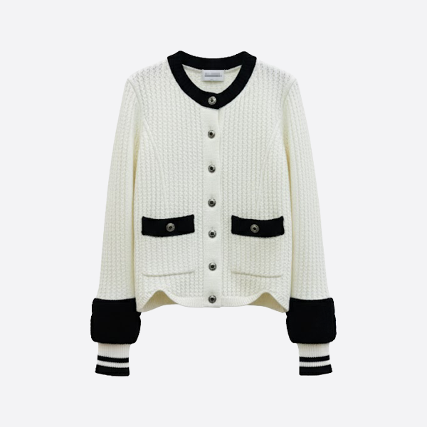 ツイードスタイル コントラストトリム ニットカーディガン ホワイト