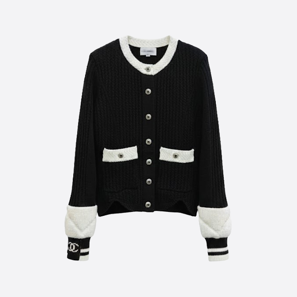 ツイードスタイル コントラストトリム ニットカーディガン ブラック