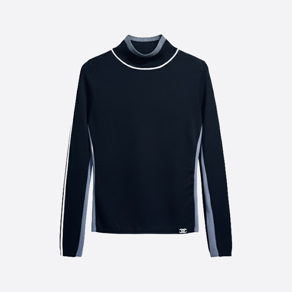 シャネル シグネチャートリム ウールニットトップス ネイビー