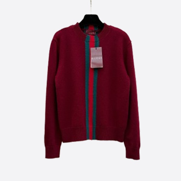 グッチ ウェブストライプ クルーネック ニットセーターボルドー × レッドグリーンライン