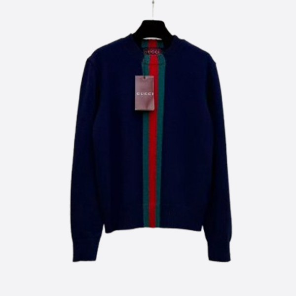 グッチ ウェブストライプ クルーネック ニットセーター ネイビー × レッドグリーンライン