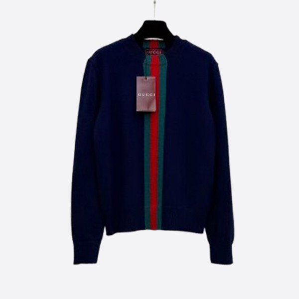グッチ ウェブストライプ クルーネック ニットセーター ネイビー × レッドグリーンライン