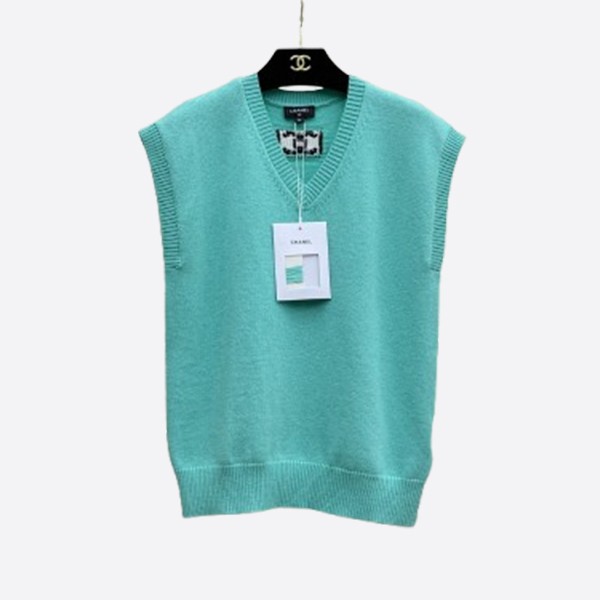 シャネル カシミヤ Vネック スリーブレス ベスト ミントグリーン