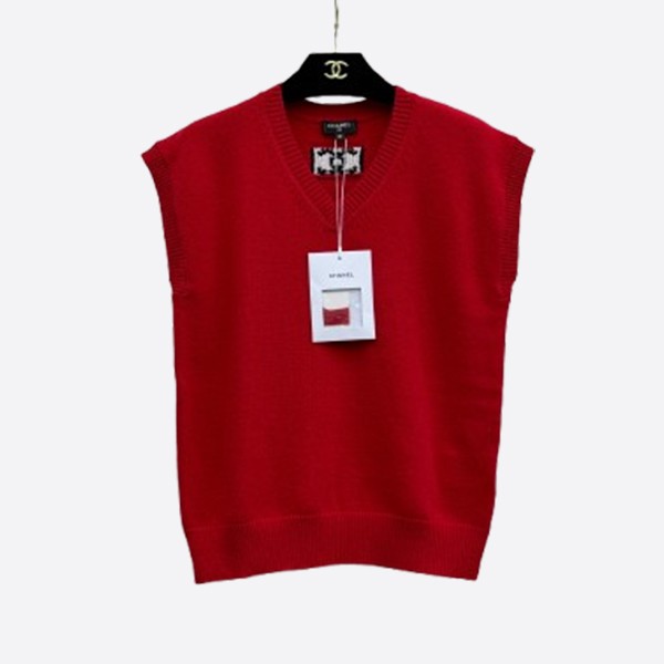 シャネル カシミヤ Vネック スリーブレス ベスト レッド