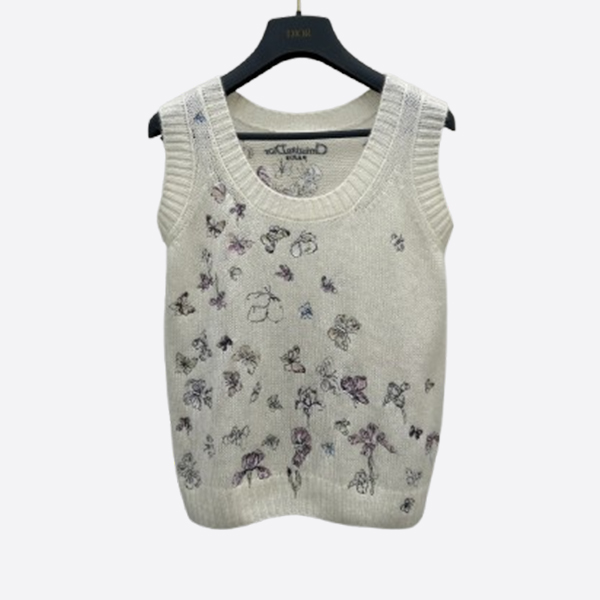 ディオール フローラル刺繍 カシミヤ ノースリーブ アイボリー