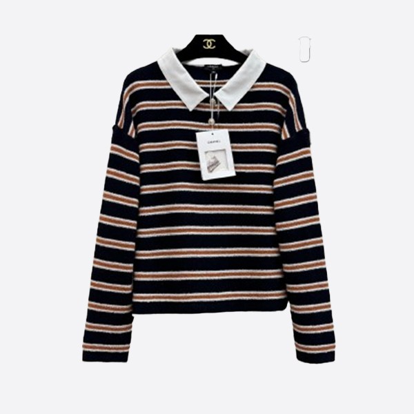 シャネル ボーダー ニット ポロシャツ ネイビー