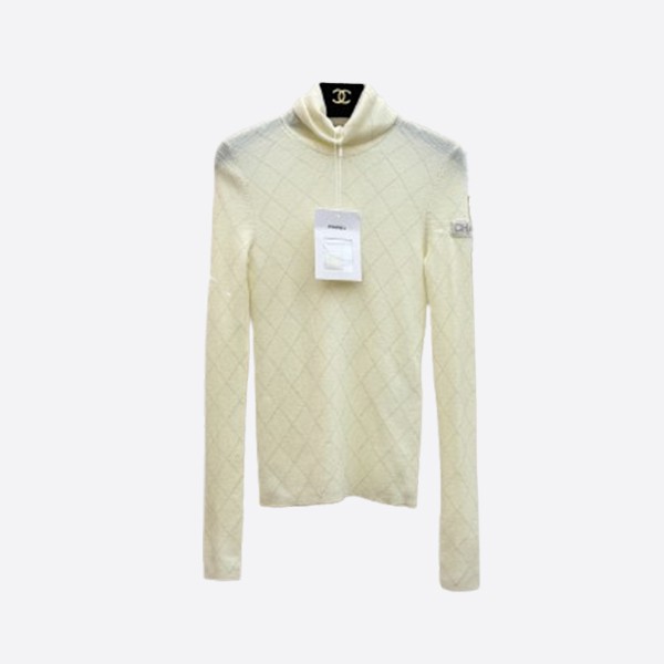 シャネル カシミヤ ダイヤ柄 タートルネック ジップアップ トップス アイボリー