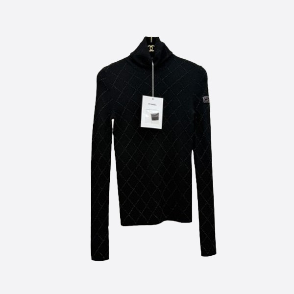 シャネル カシミヤ ダイヤ柄 タートルネック ジップアップ トップス ブラック