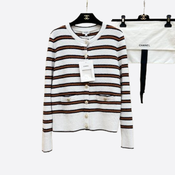 シャネル ボーダー カシミヤ カーディガン ホワイト×ブラウン