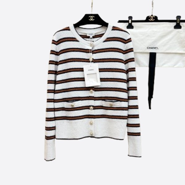 シャネル ボーダー カシミヤ カーディガン ホワイト×ブラウン
