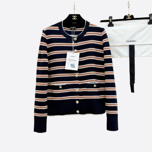 シャネル ボーダー カシミヤ カーディガン ネイビー×ブラウン